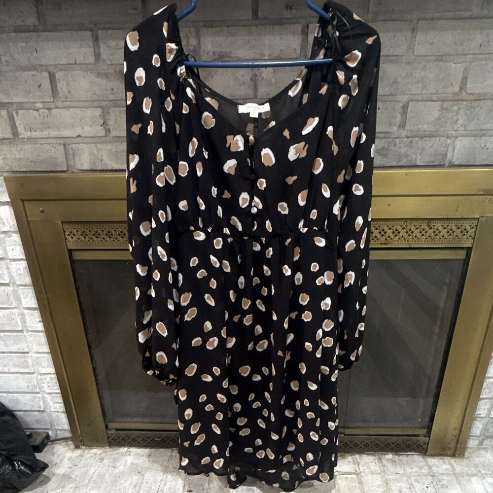 UMGEE Women’s 1XL Black Leopard A-Line V-Neck Long Balloon Sleeve Lined Dress